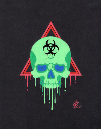 Poisoned skull Petit design réalisé avec des marqueurs acryliques sur papier noir.